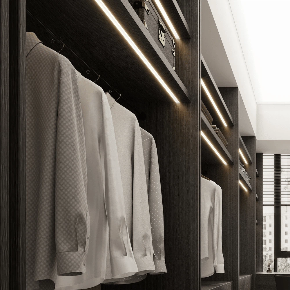 Close-up of dark wood wardrobe with hanging shirts and soft LED lights Close-up of dark wood wardrobe with hanging shirts and soft LED lights