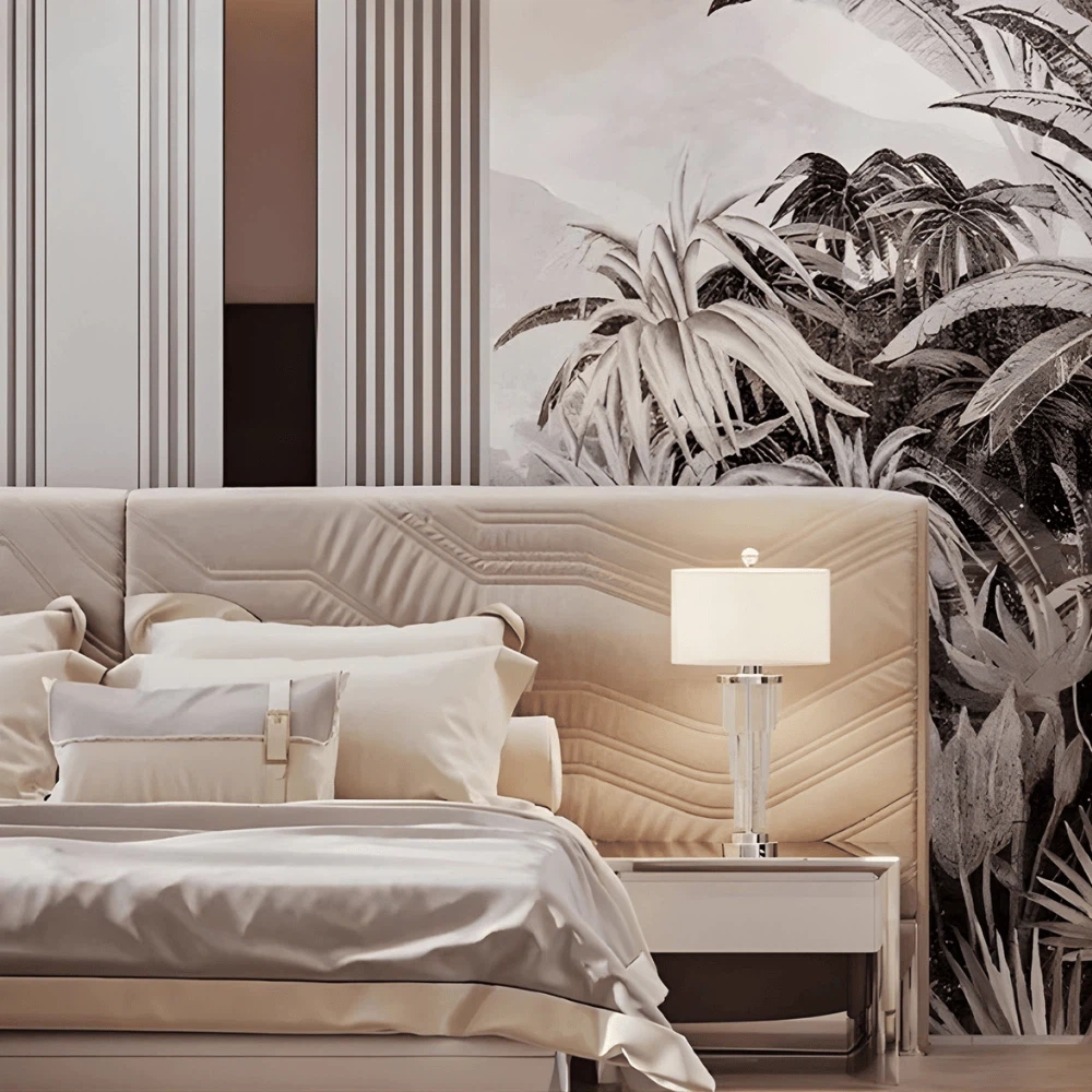 Modern Luxury Designer Bed with beige bedding beside a built-in wardrobe and open display shelves with accessories Modern Luxury Designer Bed with beige bedding beside a built-in wardrobe and open display shelves with accessories