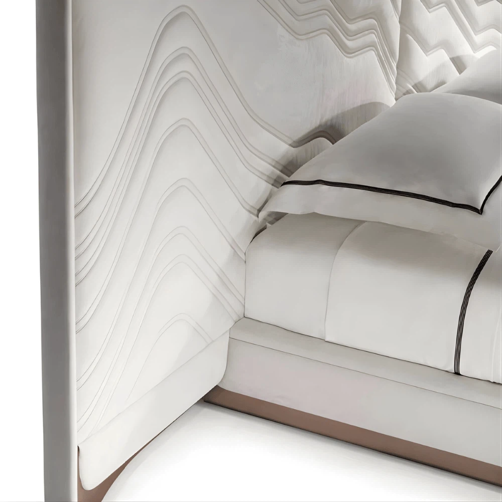 Close-up of the Modern Luxury Designer Bed headboard showing fine wave-pattern stitching on premium leather upholstery Close-up of the Modern Luxury Designer Bed headboard showing fine wave-pattern stitching on premium leather upholstery